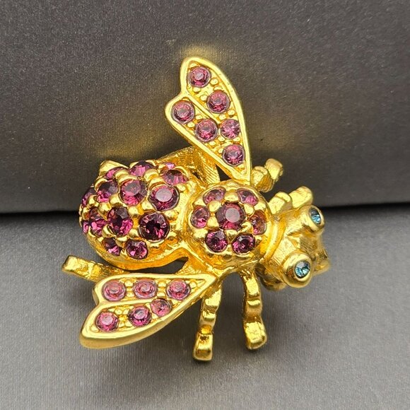 VTG Joan Rivers Bee Brooch 1.25" Purple Rhinestones Blue Eyes Gold-Plated Signed - Picture 2 of 9